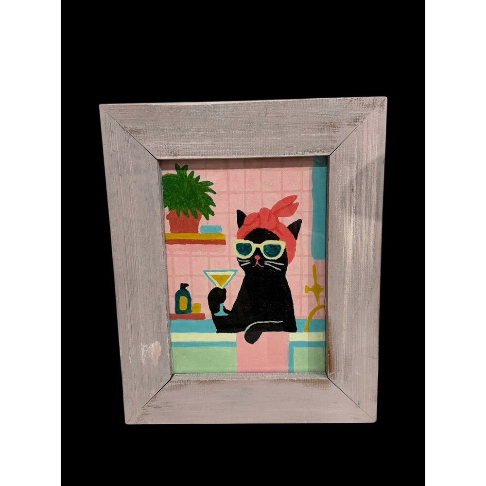Whimsical Colorful Completed and Framed Paint By Number Of Black Cat W/ Cosmo
